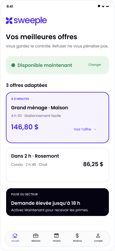 Écran Sweeple Cleaner : consulter les offres de ménage avant de choisir une mission.