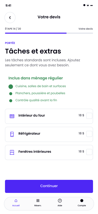 Écran Sweeple pour choisir les tâches et les extras du ménage.