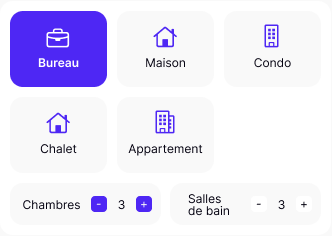 Choix du logement : bureau, maison, condo, chalet ou appartement, avec le nombre de chambres et de salles de bain.